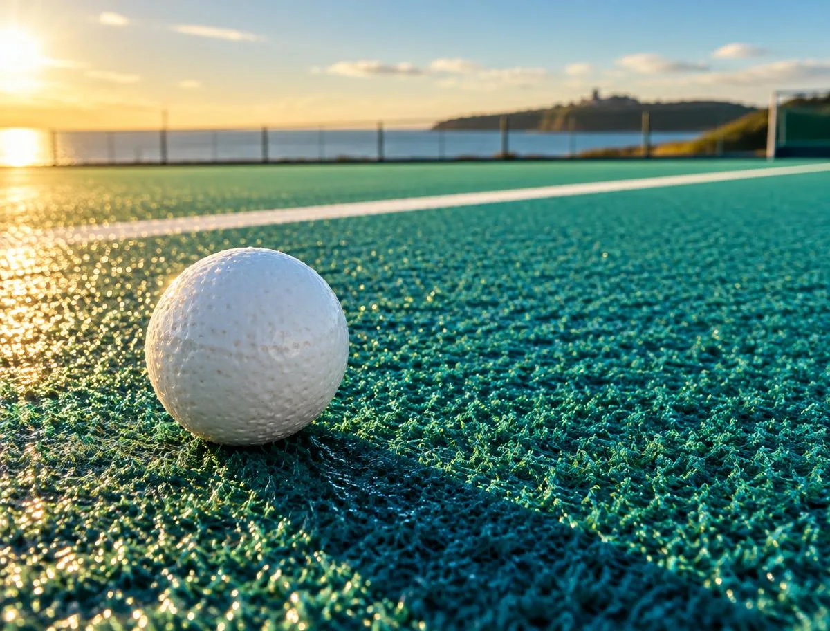 Illustrative hockey ball on water-based turf in morning light