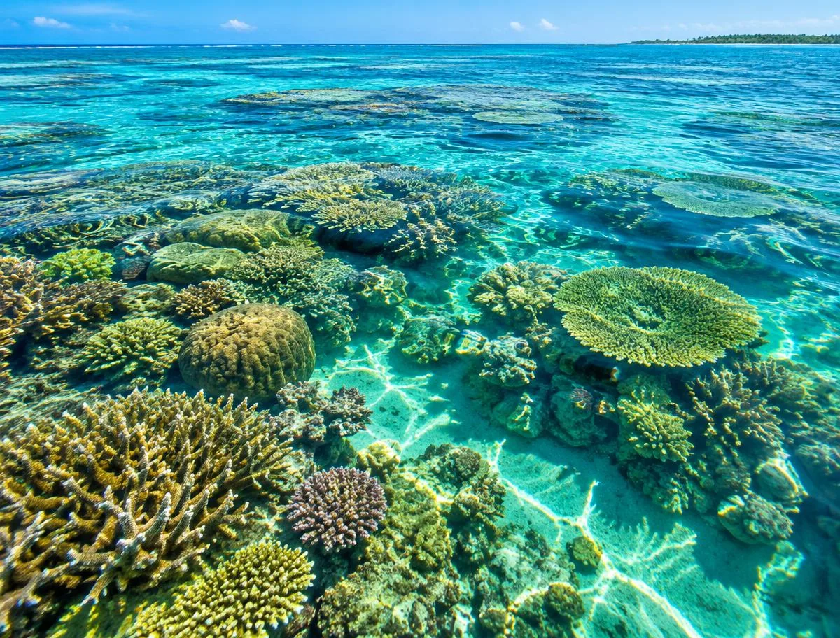 Illustrative sunlit shallow coral reef in clear turquoise water